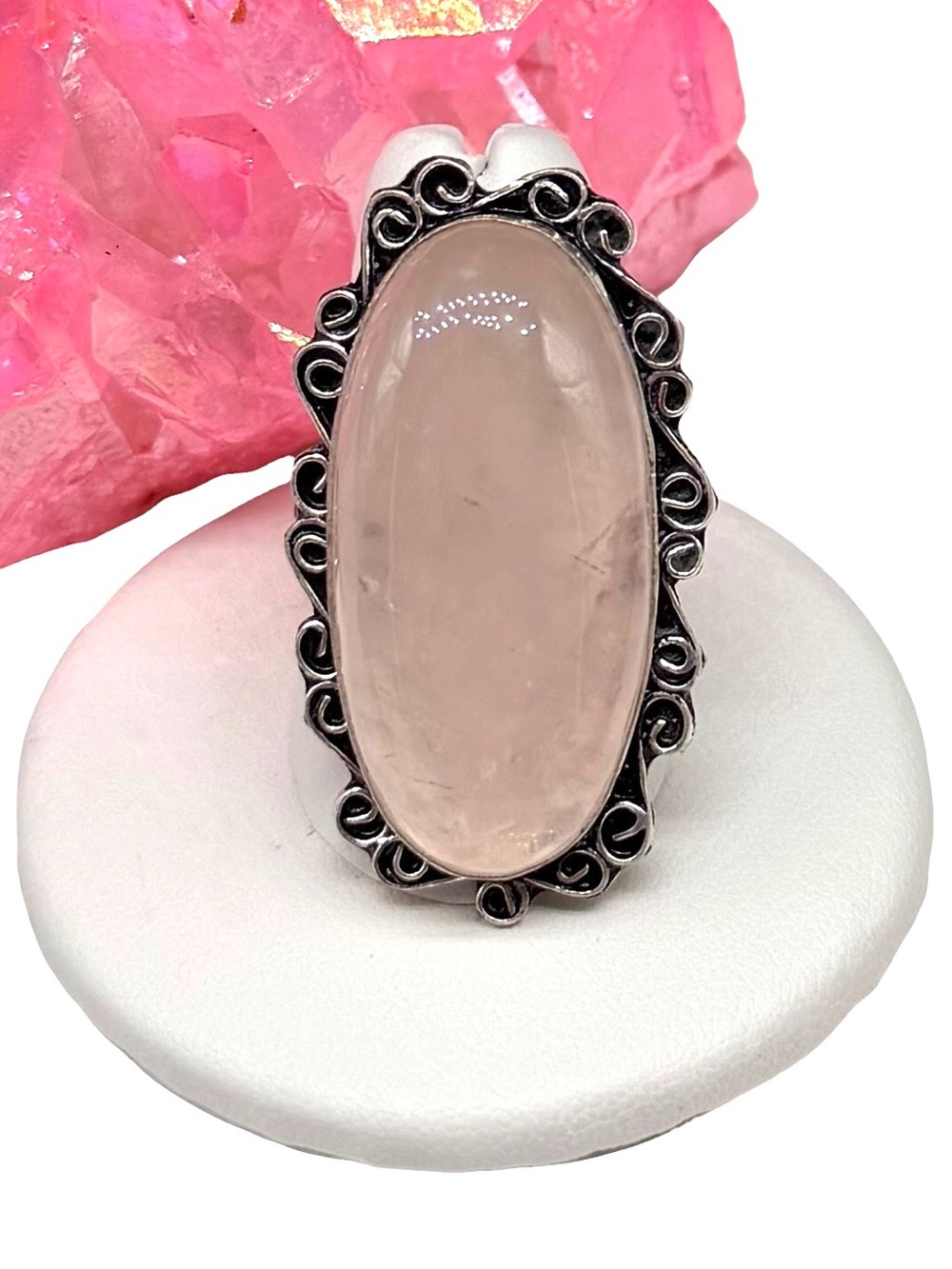 Rose Quartz Ring Size 8.5 925 Sterling Silver Overlay